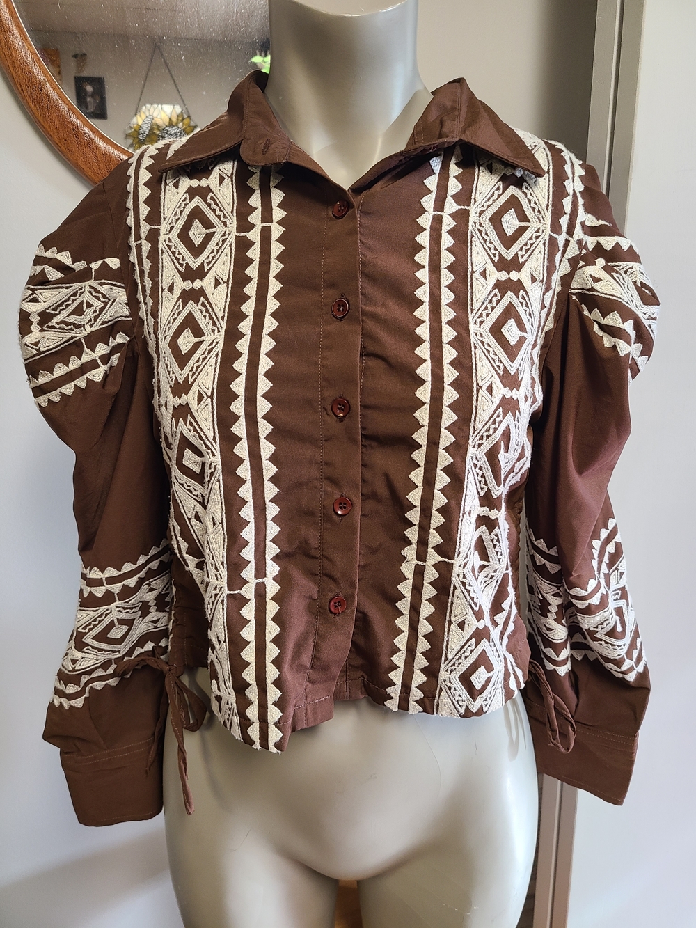Vintage Brown Embroidered Button-Front Women's Top